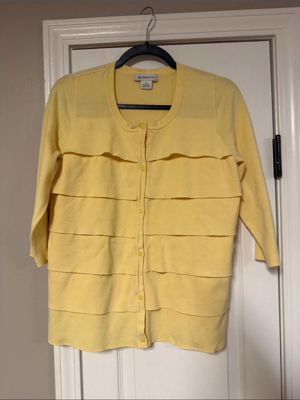 Liz Claiborne Soft Yellow Tiered-Trim Button Front Cardigan